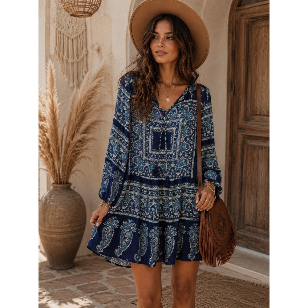 Cremieux Blue Geometric Pattern Dress Sz M Classic Boho-chic Festival Wear